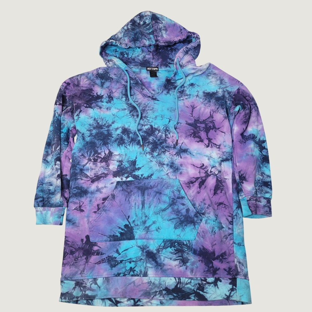 Hot Topic Tie Dye Hoodie Sweatshirt Blue Purple Longline Pullover LG 11836816